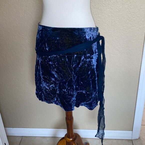 Samantha Treacy blue/yellow silk/velvet skirt w/long belt tie Sz 10 - Picture 1 of 8